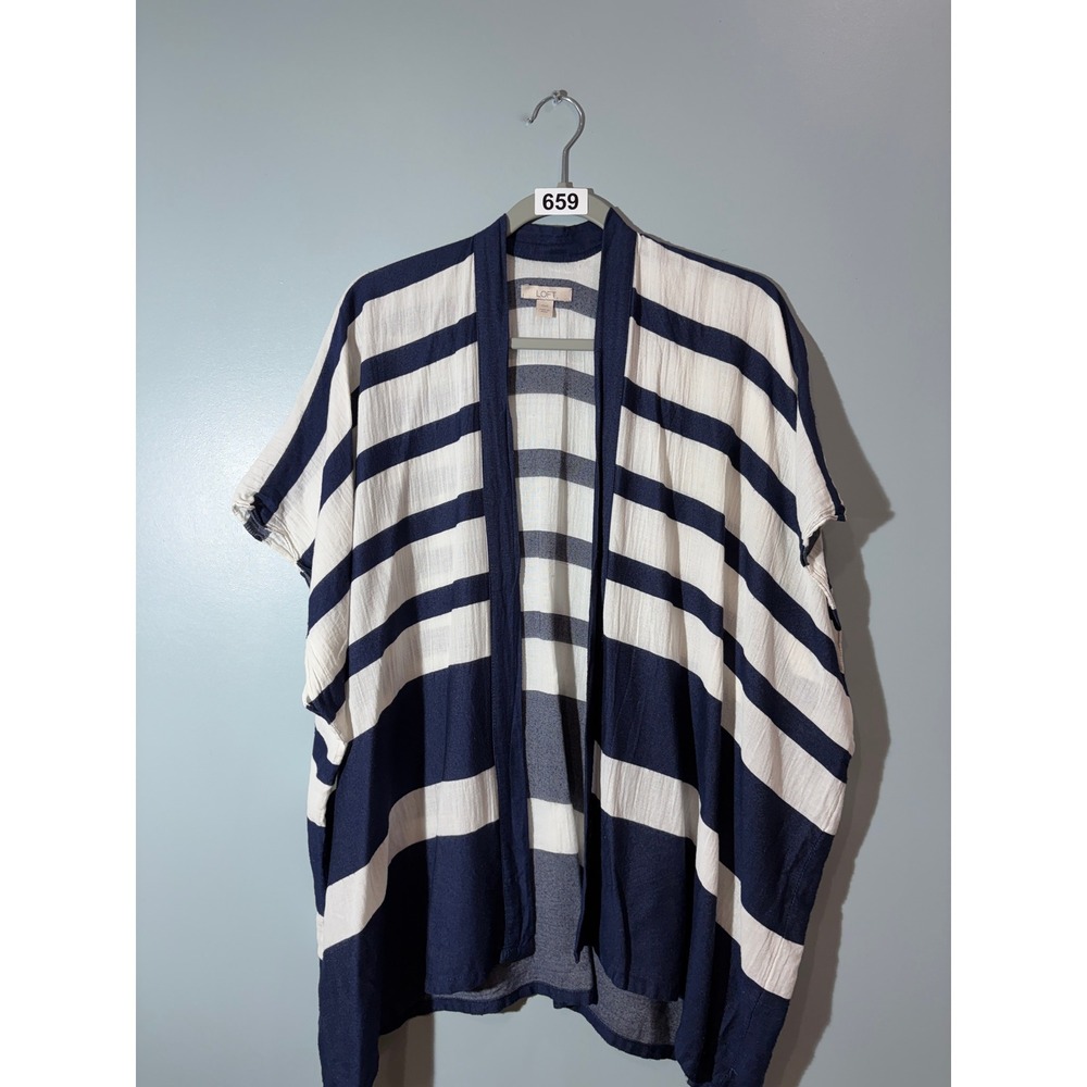 LOFT‎ Navy Blue White Striped Open Front Kimono Cardigan Wrap XS/S